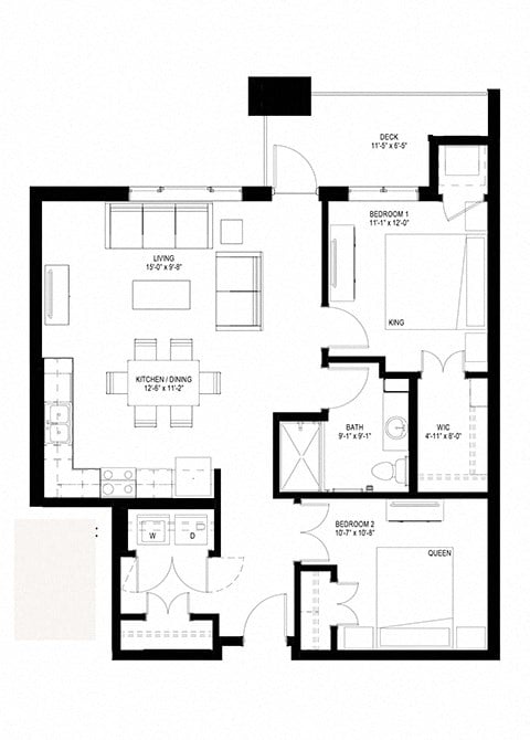 Floor plan for 2 beds, 1 bath, 930 sqft